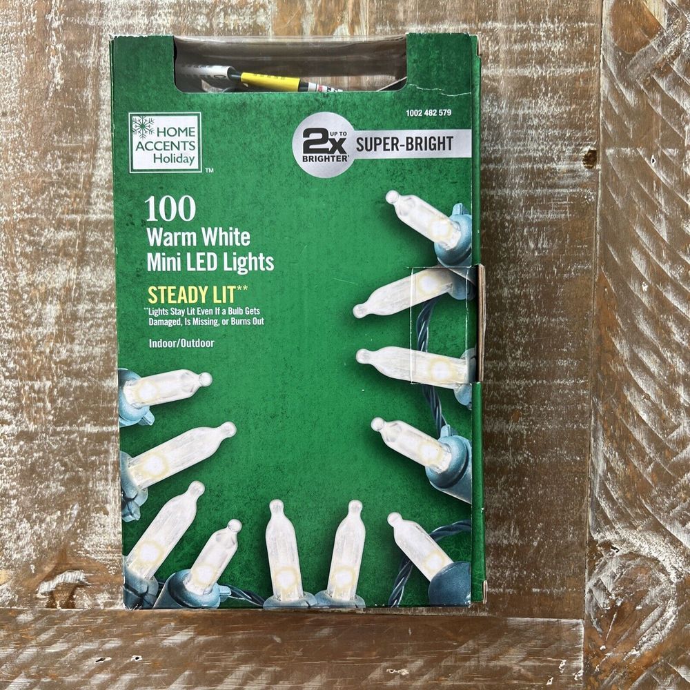 HOME ACCENTS 100 WARM WHITE MINI LED LIGHTS 2X SUPER BRIGHT STEADY LIT CHRISTMAS